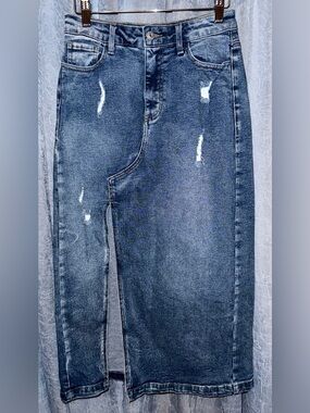 VBRT High Rise Distressed Front Slit Denim Midi Skirt Size S